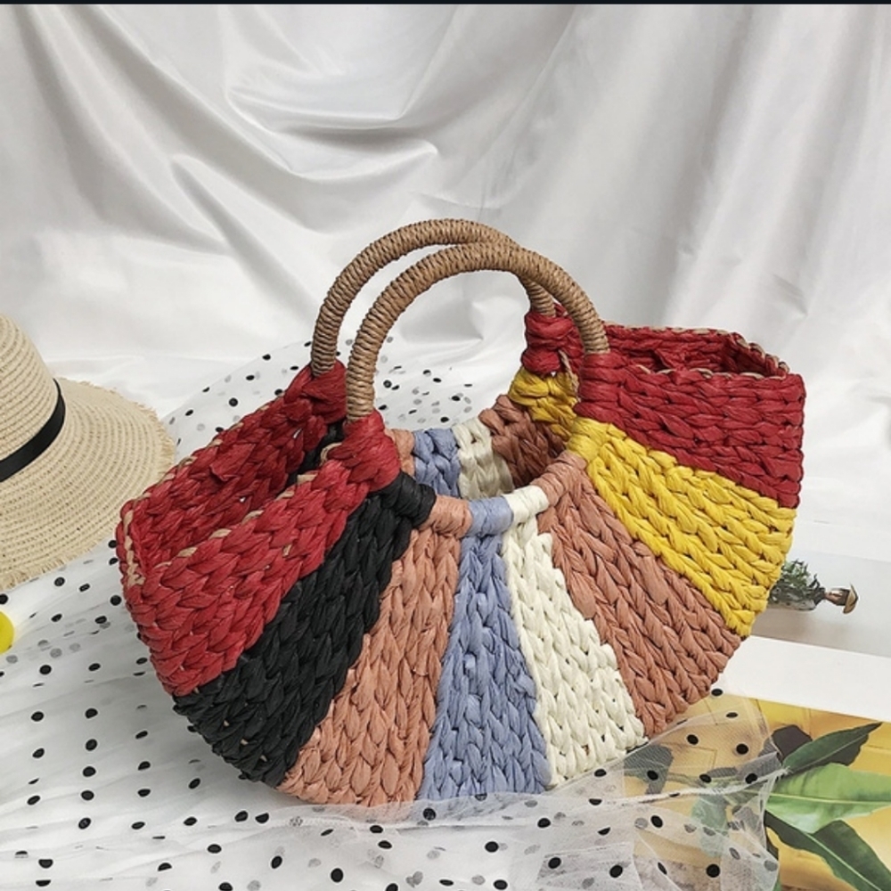SALE Hand Woven Crochet Straw Rattan Boho Shoulder Tote Bag Circle Multi Colors - Picture 3 of 10